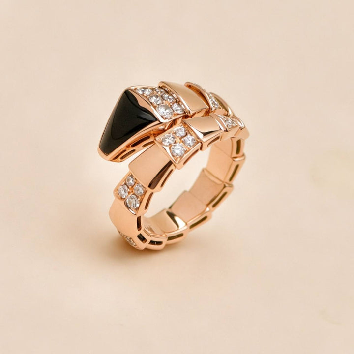 Second Hand Authentic Bvlgari Serpenti Viper One Coil Onyx & Diamond 18K Rose Gold Ring Size M