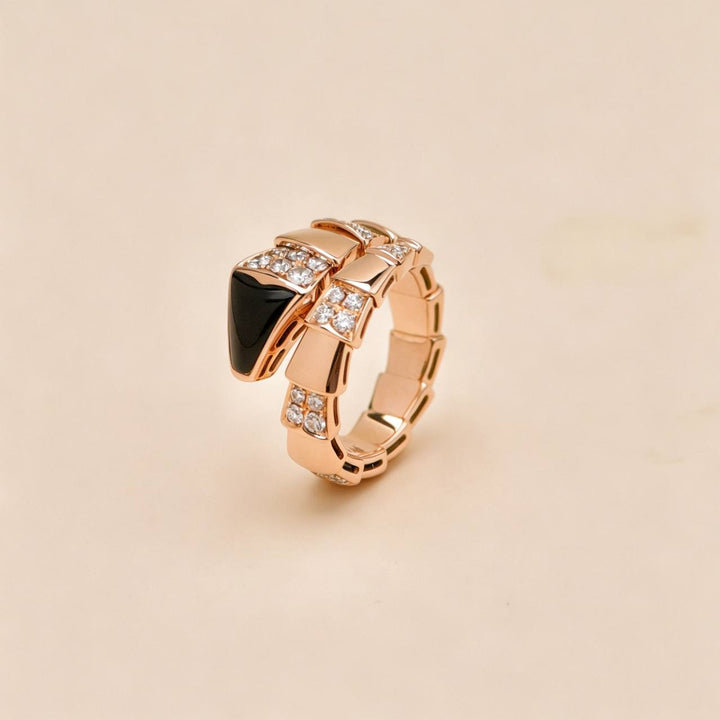 Preloved Authentic Bulgari Serpenti Viper One Coil Onyx & Diamond 18K Rose Gold Ring Size M