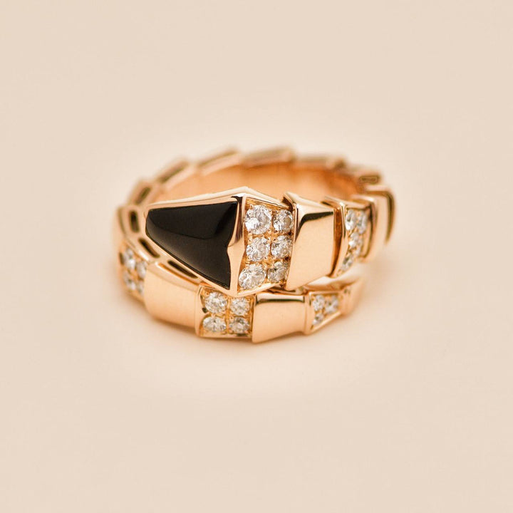 Second Hand Authentic Bulgari Serpenti Viper One Coil Onyx & Diamond 18K Rose Gold Ring Size M