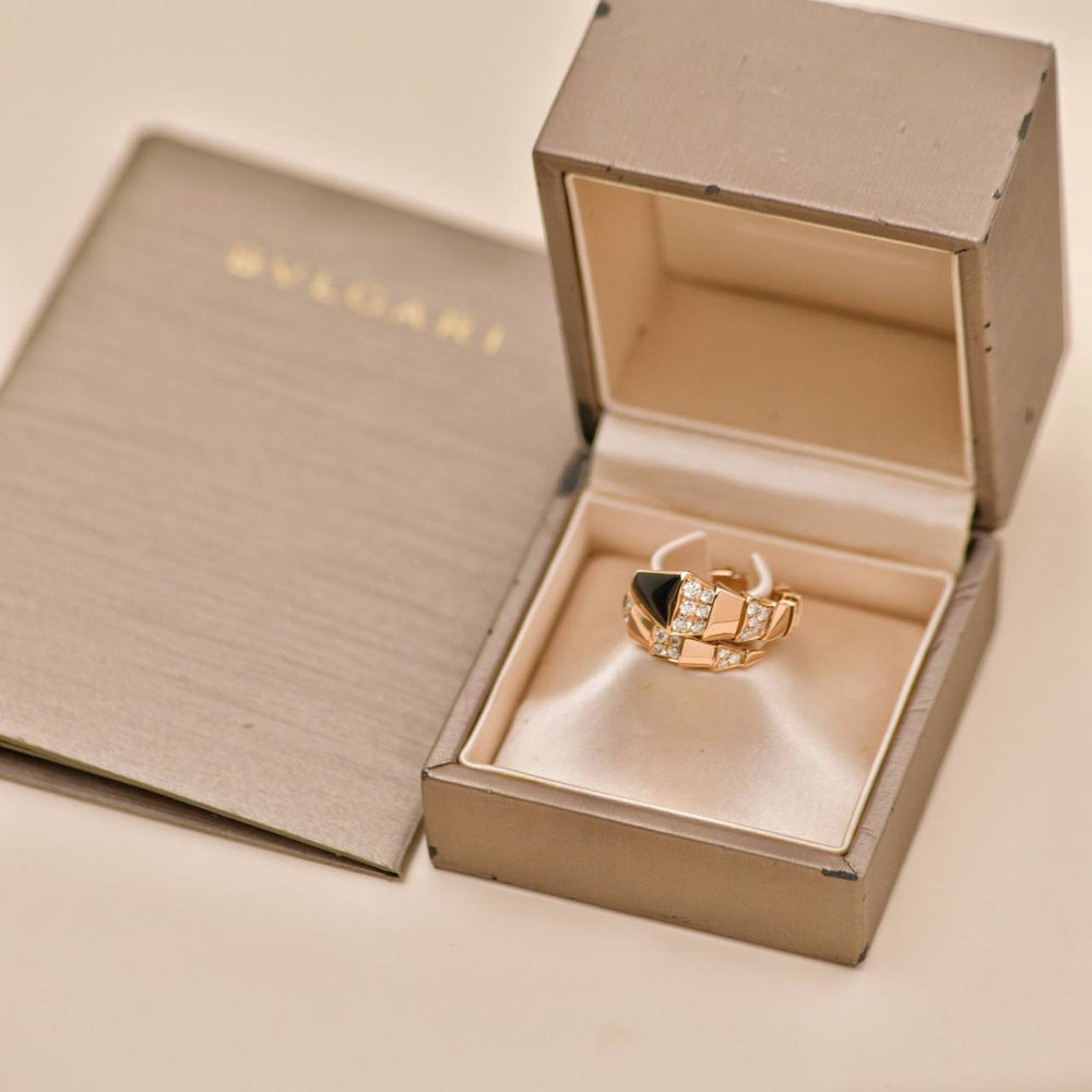 Preowned Authentic Full set Bvlgari Serpenti Viper One Coil Onyx & Diamond 18K Rose Gold Ring Size M