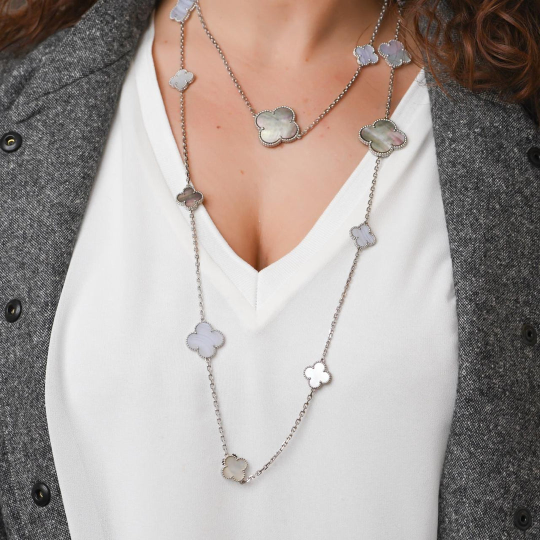 Preloved Van Cleef & Arpels Magic Alhambra 16 Motif Necklace in Chalcedony and Mother of Pearl