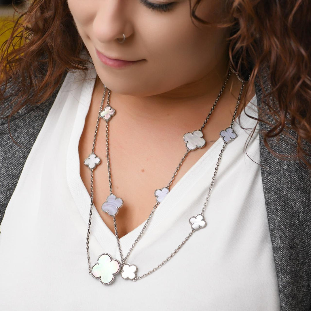 Preowned Van Cleef & Arpels Magic Alhambra 16 Motif Necklace in Chalcedony and Mother of Pearl