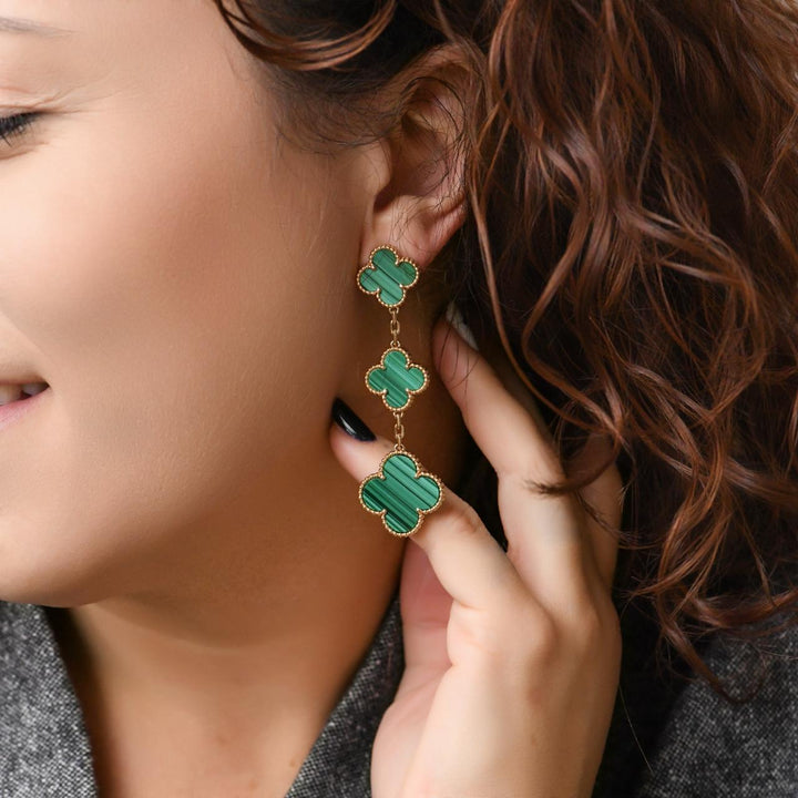 Preloved Authentic Van Cleef Magic Alhambra Malachite 3 Motifs Earrings