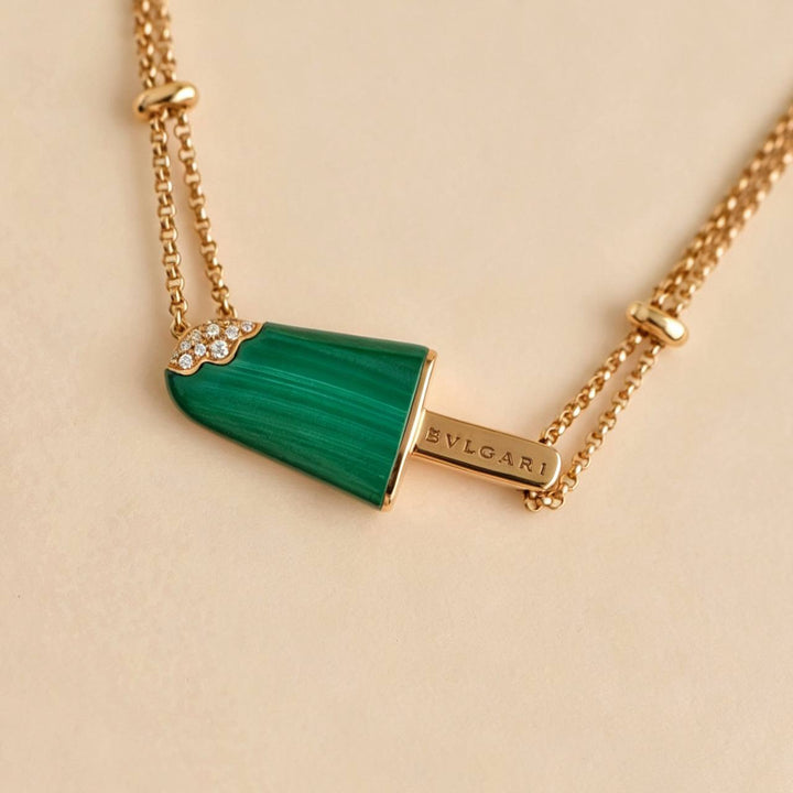 Preowned Bvlgari Gelati Malachite Diamond Pendant Necklace 18k Rose Gold