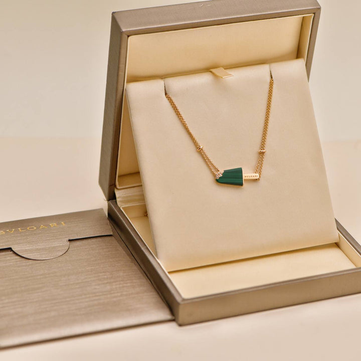Preowned Authentic Bvlgari Gelati Malachite Diamond Pendant Necklace 18k Rose Gold