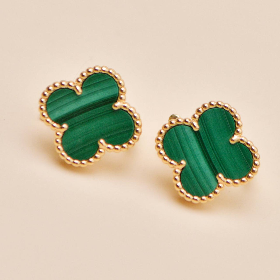 Authentic Van Cleef & Arpels Vintage Alhambra Malachite Earrings 18K Yellow Gold