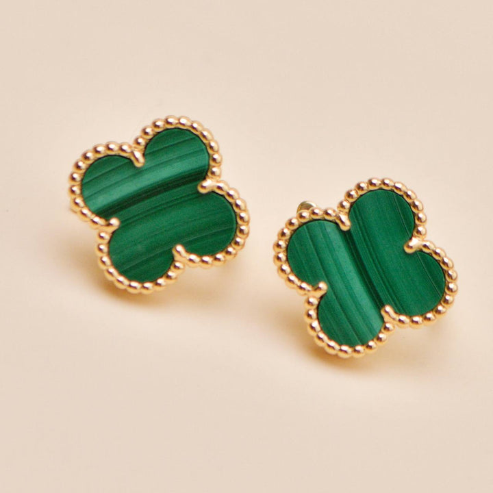 Authentic Van Cleef & Arpels Vintage Alhambra Malachite Earrings 18K Yellow Gold