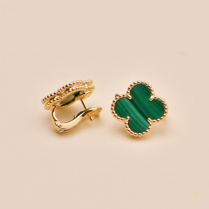 Preowned Authentic Van Cleef Vintage Alhambra Malachite Earrings 18K Yellow Gold