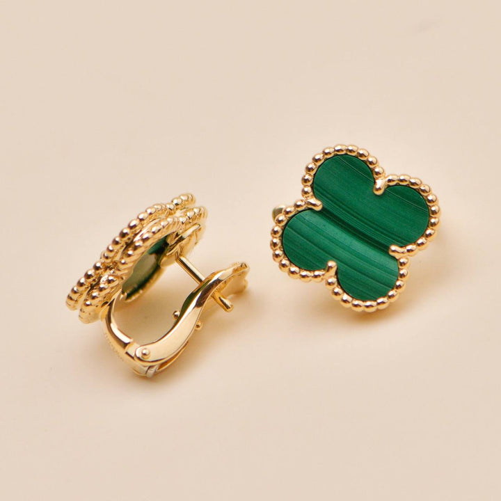 Second Hand Authentic Van Cleef Vintage Alhambra Malachite Earrings 18K Yellow Gold