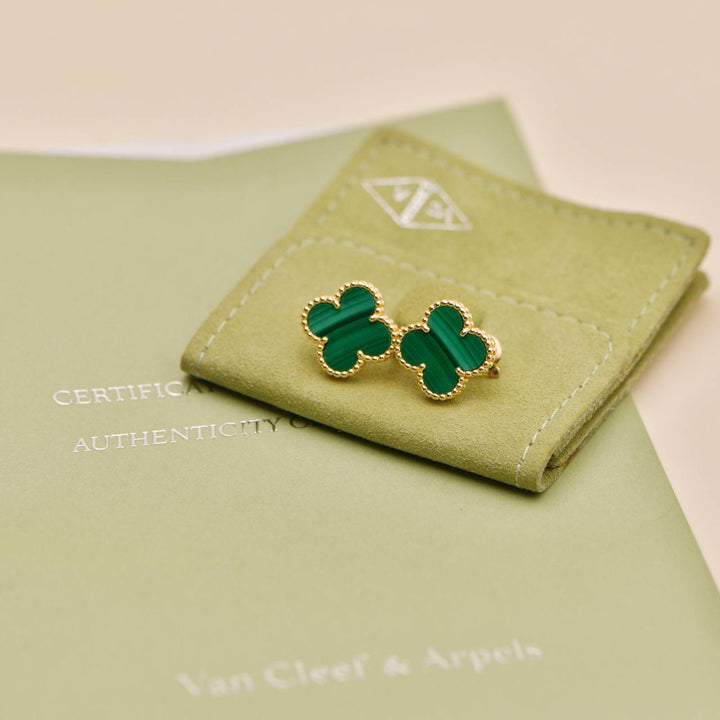 Preowned Authentic Van Cleef & Arpels Vintage Alhambra Malachite Earrings 18K Yellow Gold