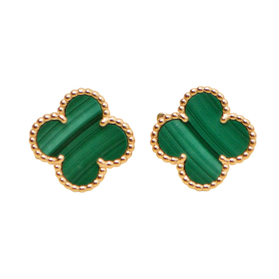 Preloved Authentic Van Cleef & Arpels Vintage Alhambra Malachite Earrings 18K Yellow Gold