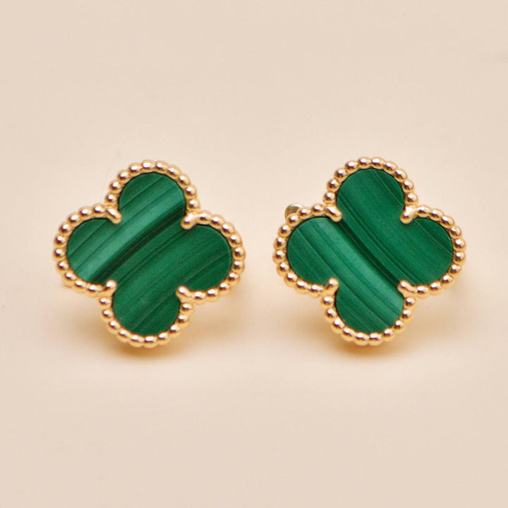 Second Hand Authentic Van Cleef & Arpels Vintage Alhambra Malachite Earrings 18K Yellow Gold