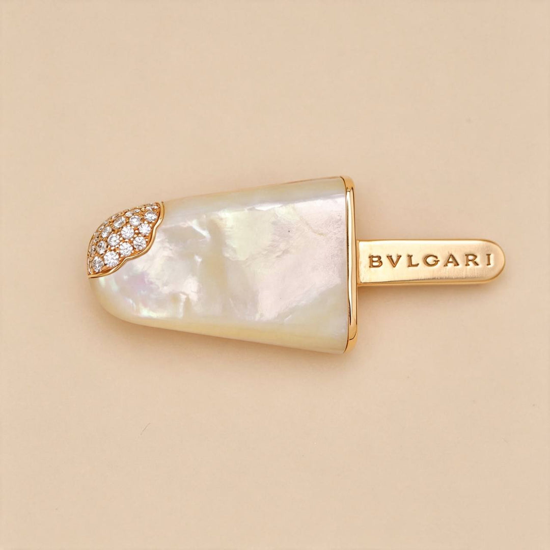 Second Hand Authentic Bvlgari Gelati Brooch with Pavé Diamonds and Mother-of-Pearl 18k Rose Gold
