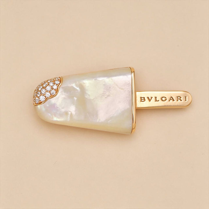 Second Hand Authentic Bvlgari Gelati Brooch with Pavé Diamonds and Mother-of-Pearl 18k Rose Gold