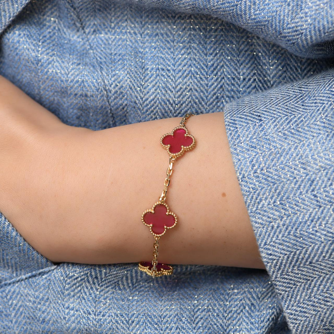 Brand New Authentic Van Cleef Vintage Alhambra 5 Motif Bracelet Enamel 18K Yellow Gold