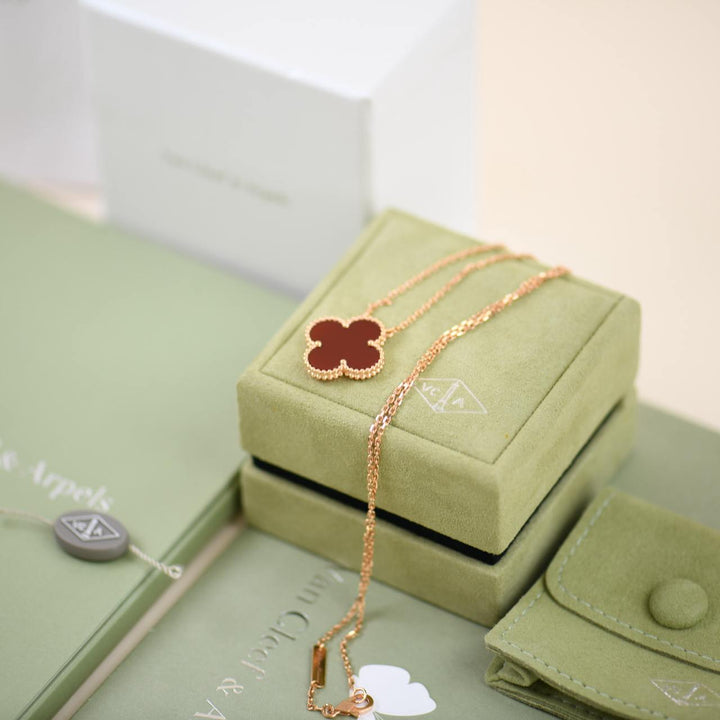 Used Van Cleef & Arpels Alhambra Prince Edition Carnelian 18k Rose Gold Pendant Necklace