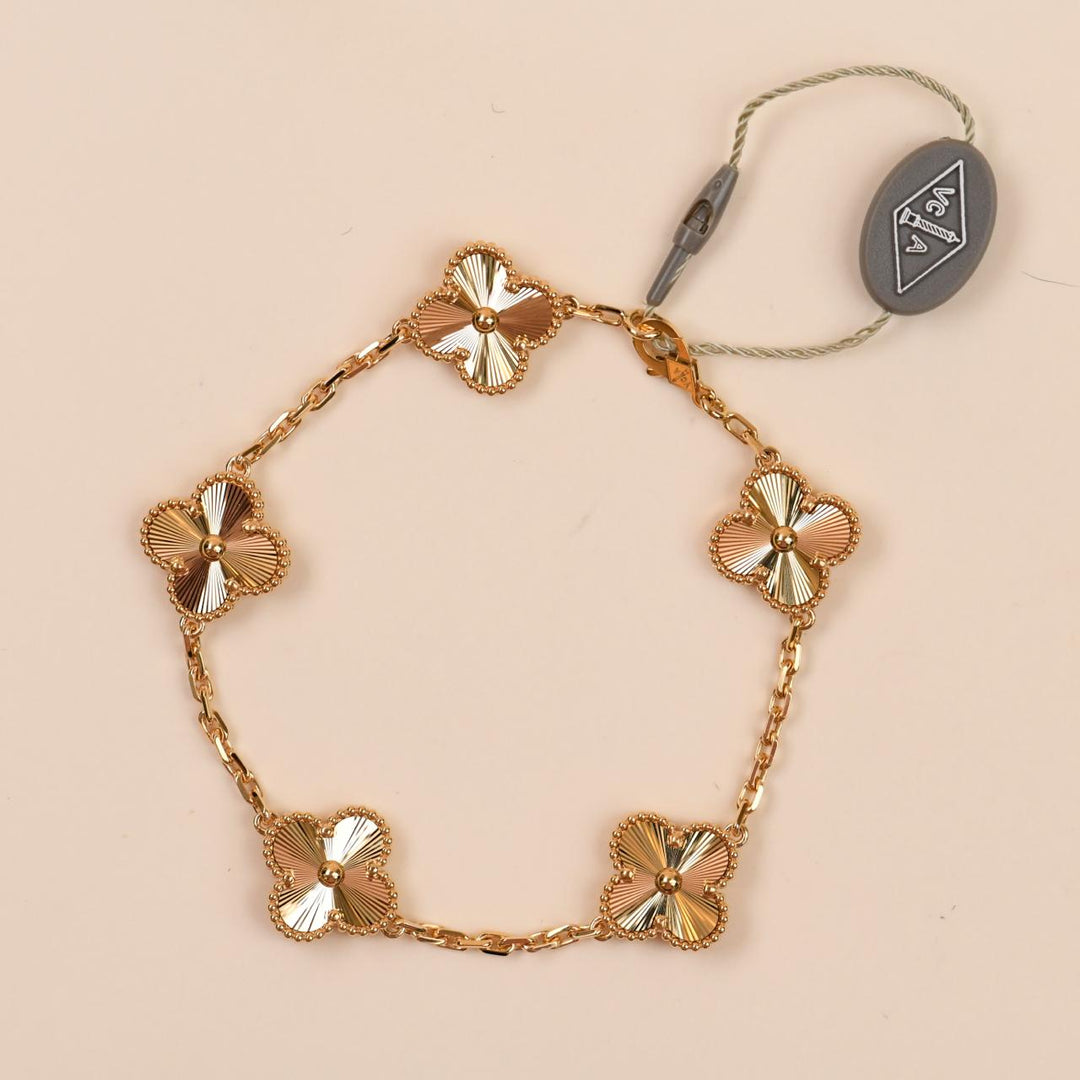 Van Cleef & Arpels Vintage Alhambra Guilloché 5 Motifs Bracelet 18K Yellow Gold