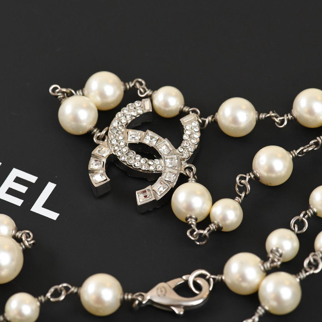 Used Chanel CC Faux Pearl Sautoir Three Logos Necklace