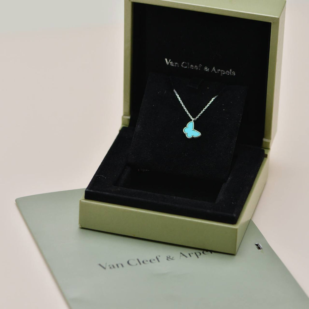 Preowned Authentic Van Cleef & Arpels Sweet Alhambra Turquoise Butterfly Necklace 18K White Gold