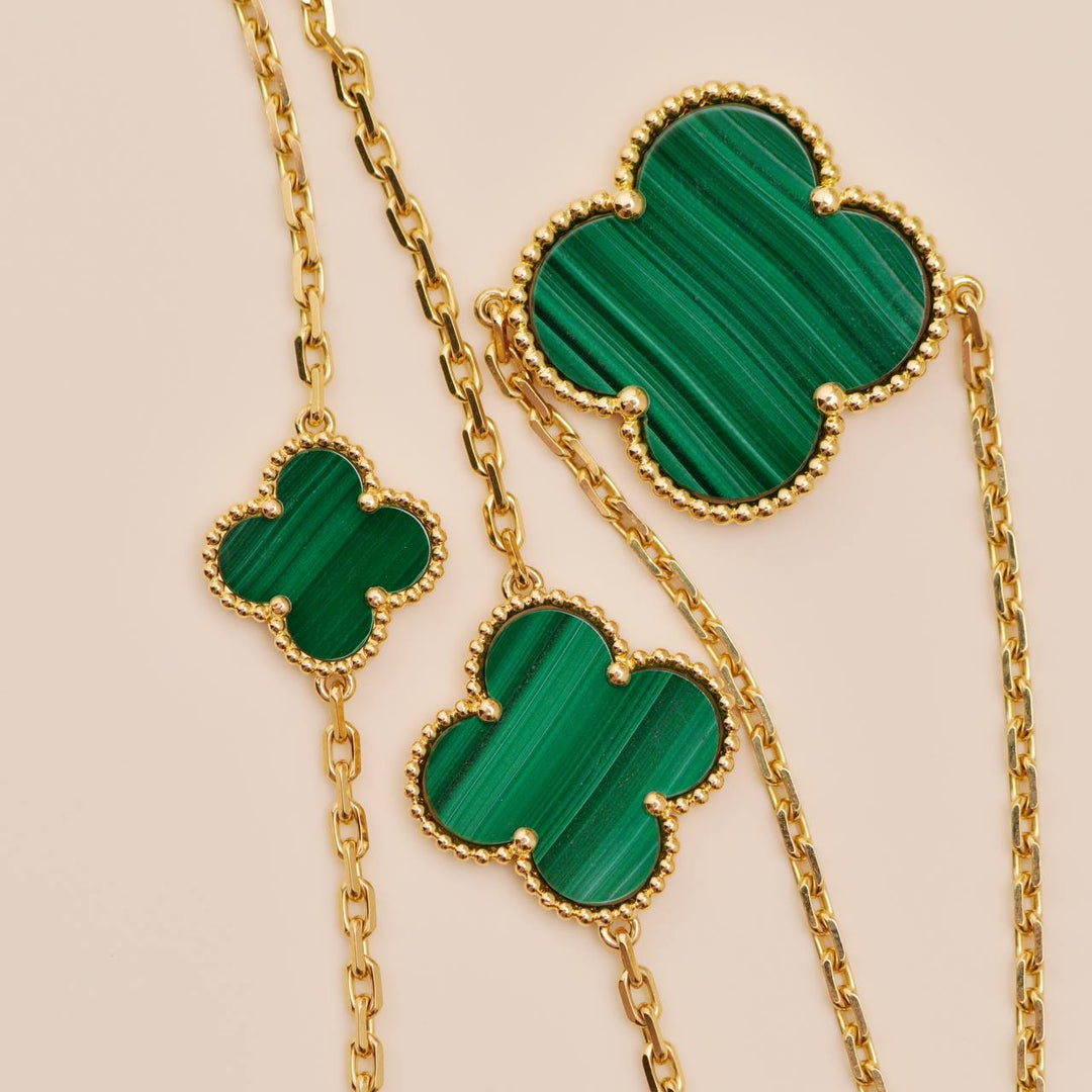 Preloved Authentic VCA Magic Alhambra Malachite 16 Motifs Necklace 18K Yellow Gold