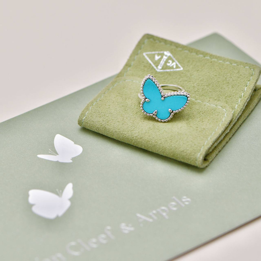 Full set Authentic Preowned Van Cleef Lucky Alhambra Turquoise Butterfly Ring Size 51