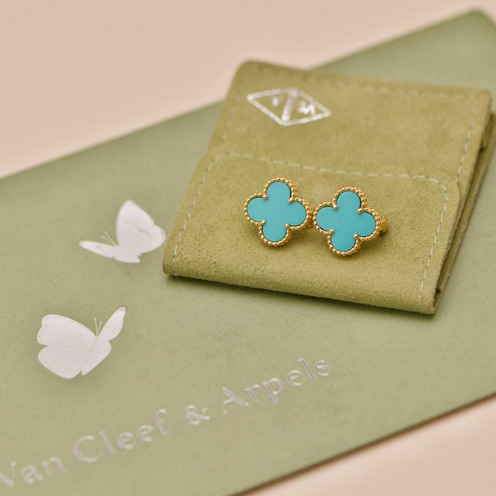 Authentic Preloved Full set Van Cleef & Arpels Vintage Alhambra Turquoise Earrings 18K Yellow Gold