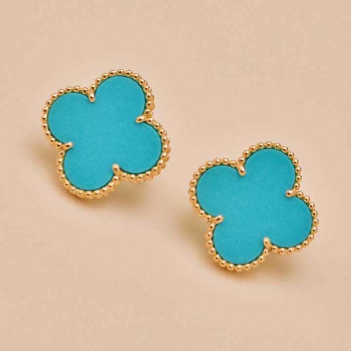 Preowned Authentic Van Cleef Magic Alhambra Turquoise Earrings 18K Yellow Gold