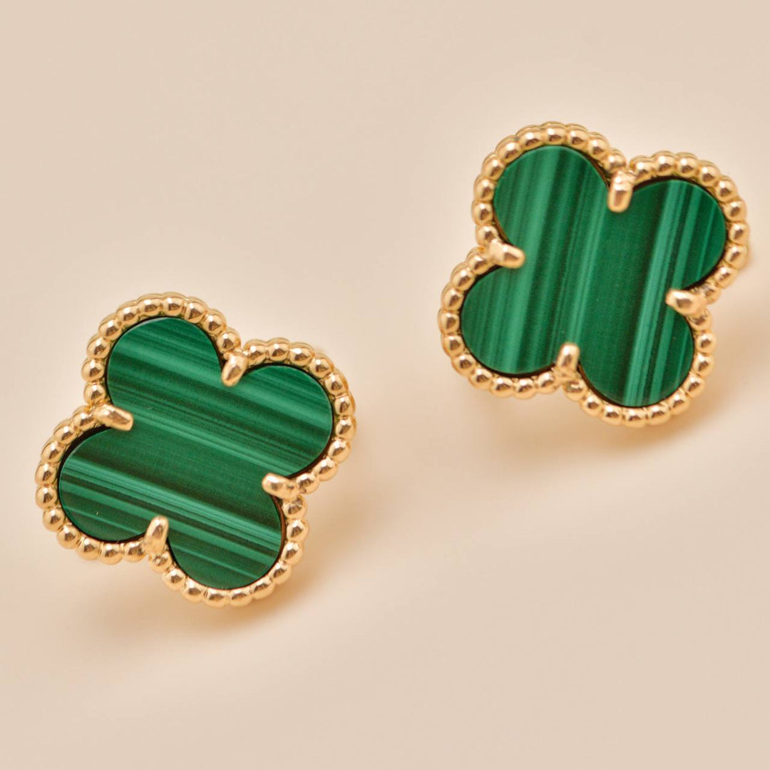 Full set Authentic Used Van Cleef & Arpels Vintage Alhambra Malachite Earrings 18K Yellow Gold