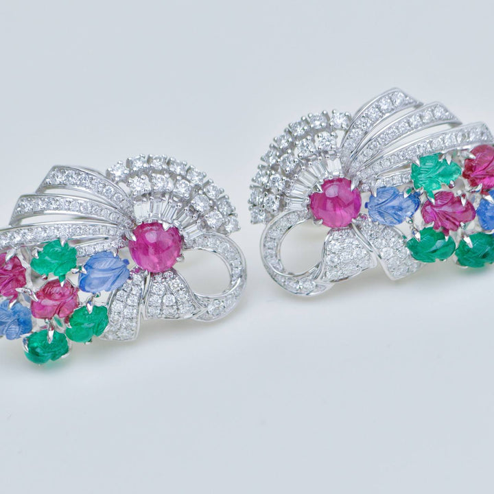 Tutti Frutti Ruby, Emerald & Sapphire Carved Gemstone Diamond Clip Earrings in White Gold