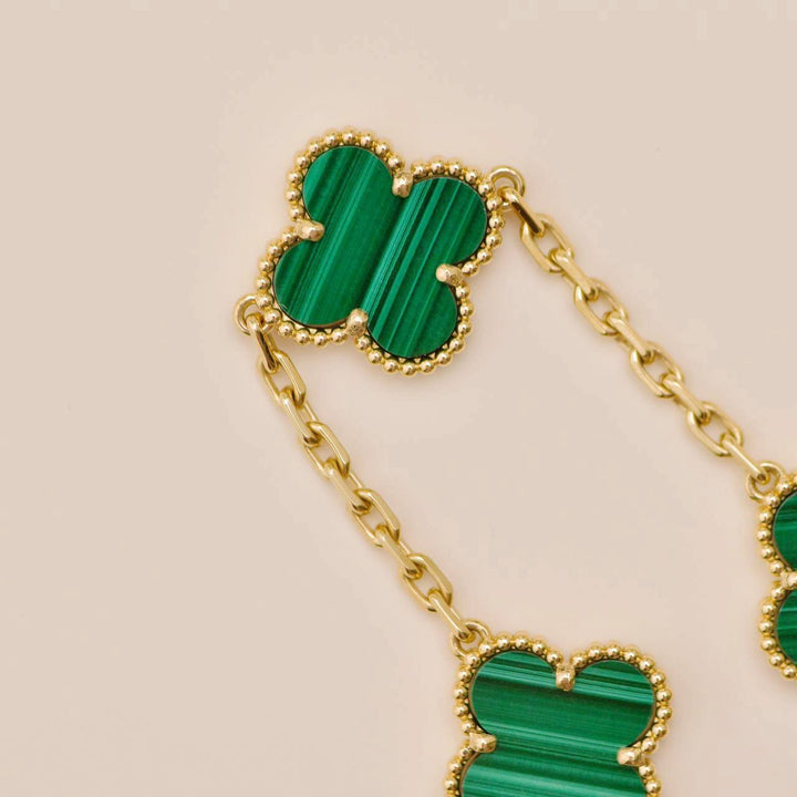 Second Hand Authentic Van Cleef Vintage Alhambra 5 Motif Malachite Bracelet 18K Yellow Gold