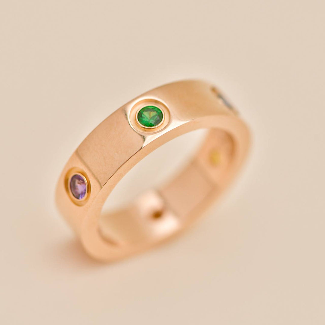Cartier Love Rainbow Multi Gem 18K Rose Gold Ring Size 55