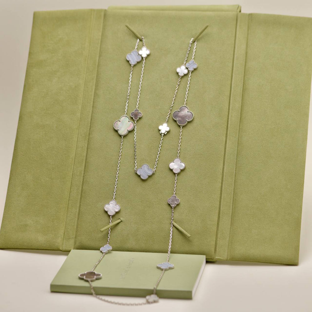 Preowned Authentic Full set Van Cleef & Arpels Magic Alhambra 16 Motif Necklace in Chalcedony and Mother of Pearl