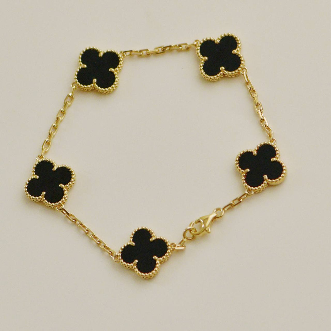 Preowned Authentic Van Cleef Vintage Alhambra Bracelet 5 Motif Onyx 18K Yellow Gold