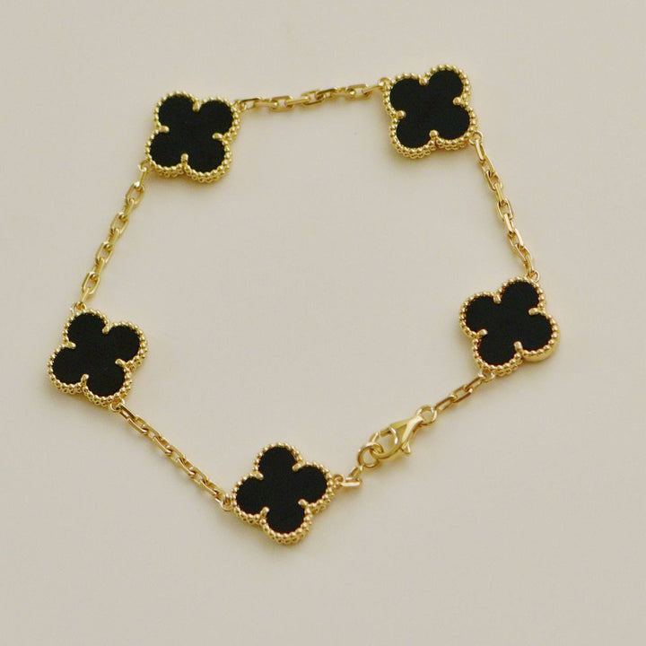 Preowned Authentic Van Cleef Vintage Alhambra Bracelet 5 Motif Onyx 18K Yellow Gold