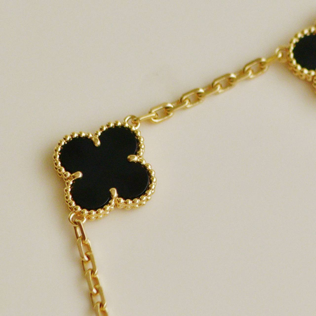 Preowned Authentic Van Cleef Vintage Alhambra Onyx 5 Motif Bracelet 18K Yellow Gold