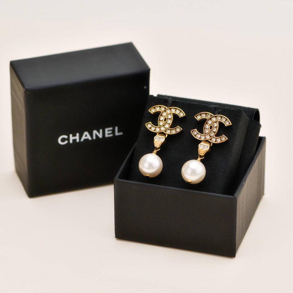 Preowned Authentic Chanel CC Faux Pearl Drop Earrings