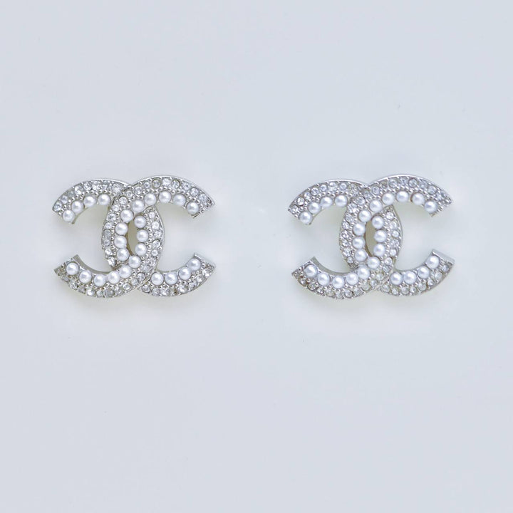 Used Authentic Chanel CC Faux Pearls Crystal Stud Earrings