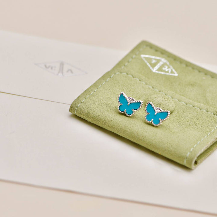 Preloved Authentic Van Cleef Sweet Alhambra Butterfly Turquoise 18K White Gold Earrings
