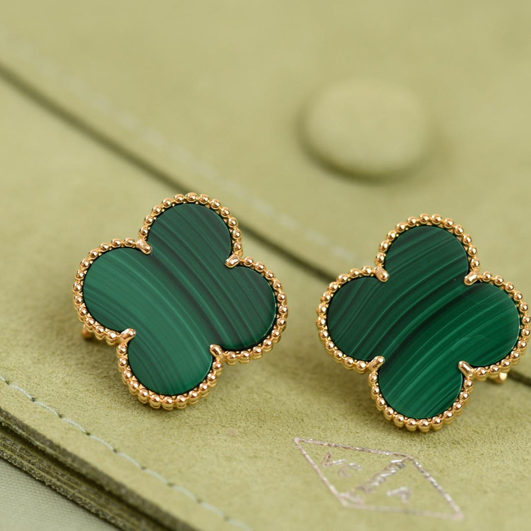 Used Authentic Full set Van Cleef Magic Alhambra Malachite Earrings 18K Yellow Gold