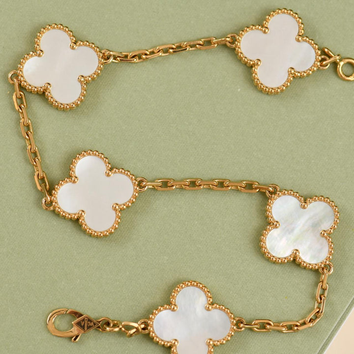 Van Cleef & Arpels Vintage Alhambra 5 Motif Mother of Pearl Bracelet 18K Yellow Gold