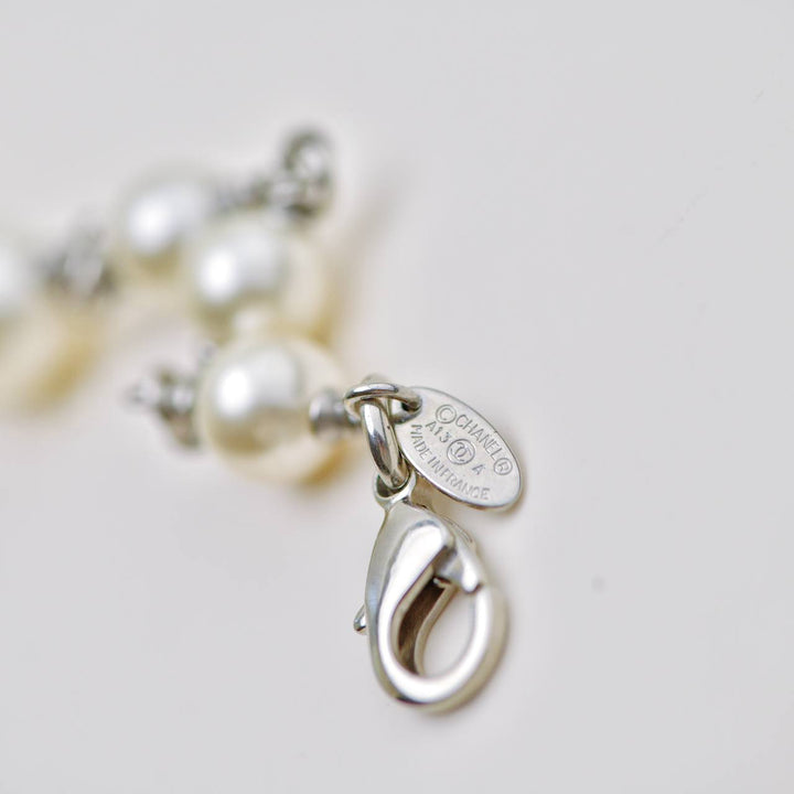 Authentic Used Chanel CC Faux Pearl Sautoir Necklace with Five Logos