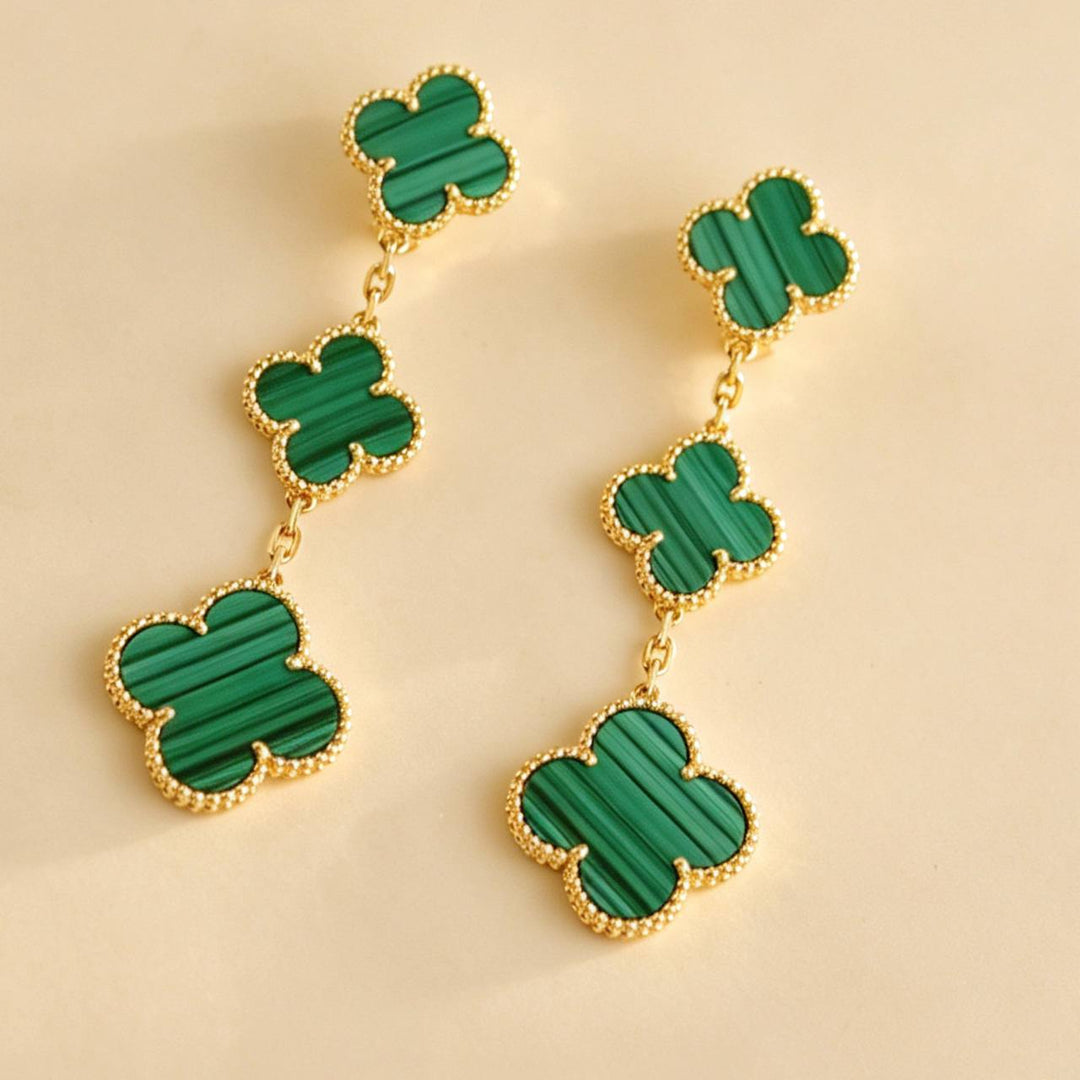 Second Hand Authentic Van Cleef Magic Alhambra Malachite 3 Motifs Earrings