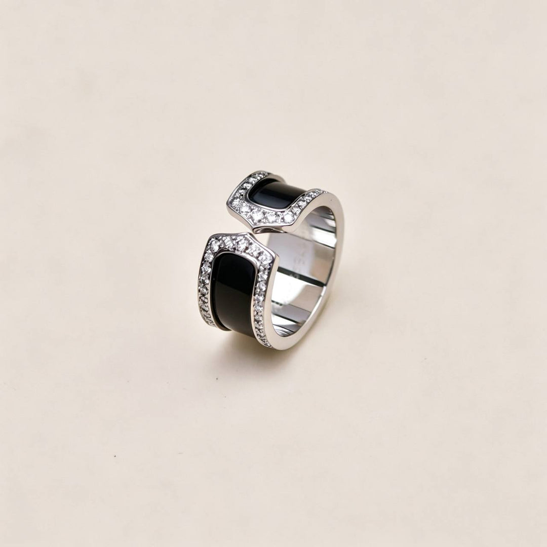 Authentic Second Hand Full set Cartier C de Cartier Diamond Enamel Ring 18K white gold Size 55