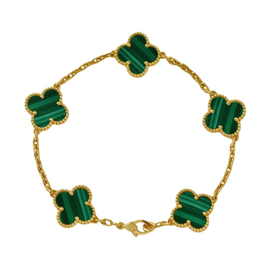 Preloved Authentic Full set Van Cleef & Arpels Vintage Alhambra 5 Motif Malachite Bracelet 18K Yellow Gold