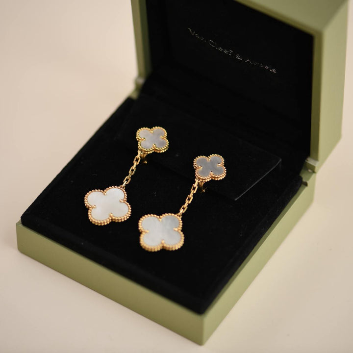 Preloved VCA Magic Alhambra Two Motifs Mother of Pearl Yellow Gold Earrings