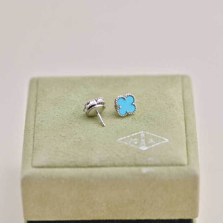 Preowned Van Cleef Sweet Alhambra Turquoise 18K White Gold Earrings