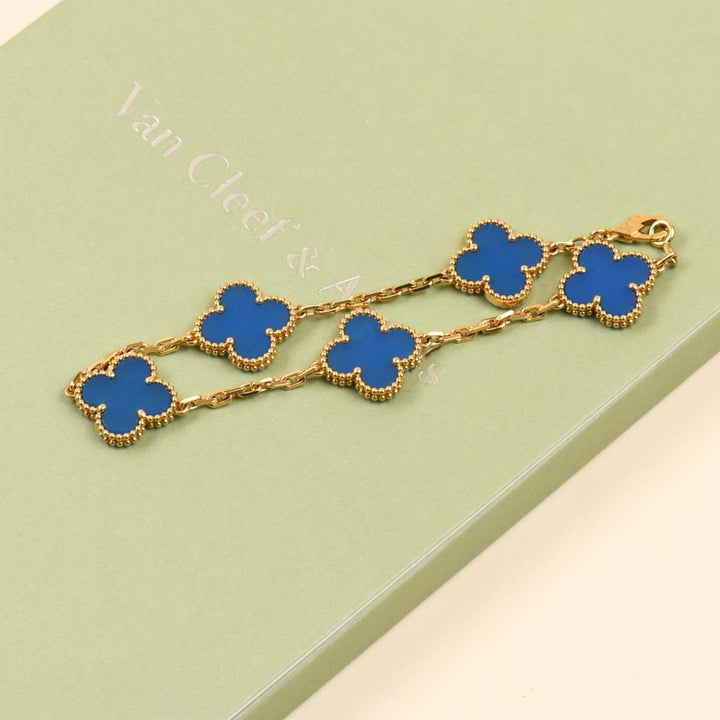 Preowned Van Cleef Vintage Alhambra Blue Agate 18K Yellow Gold Bracelet