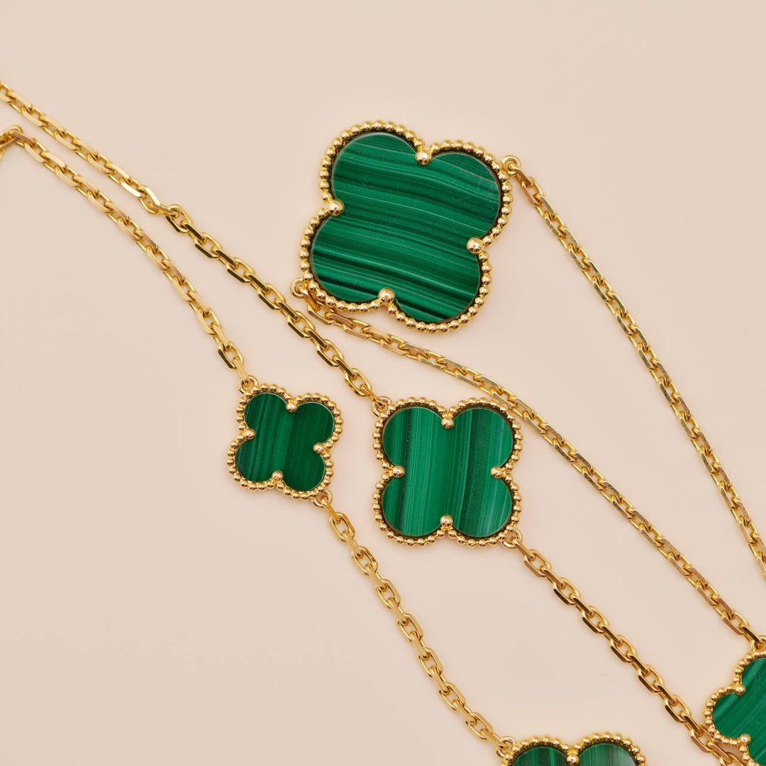 Second Hand Authentic Van Cleef & Arpels Magic Alhambra Malachite 16 Motifs Necklace 18K Yellow Gold