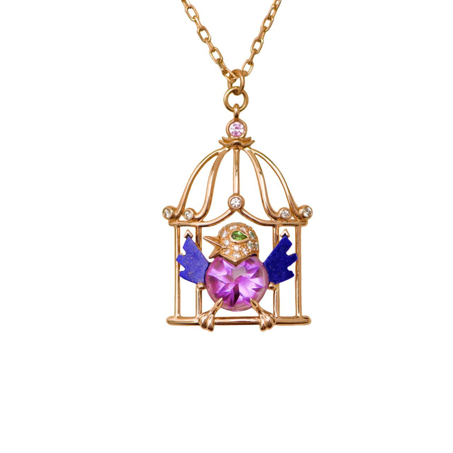 Preowned Authentic Full set Cartier Free As A Bird Necklace Diamond, Amethyst, Lapis Lazuli & Peridot, 18K Rose Gold