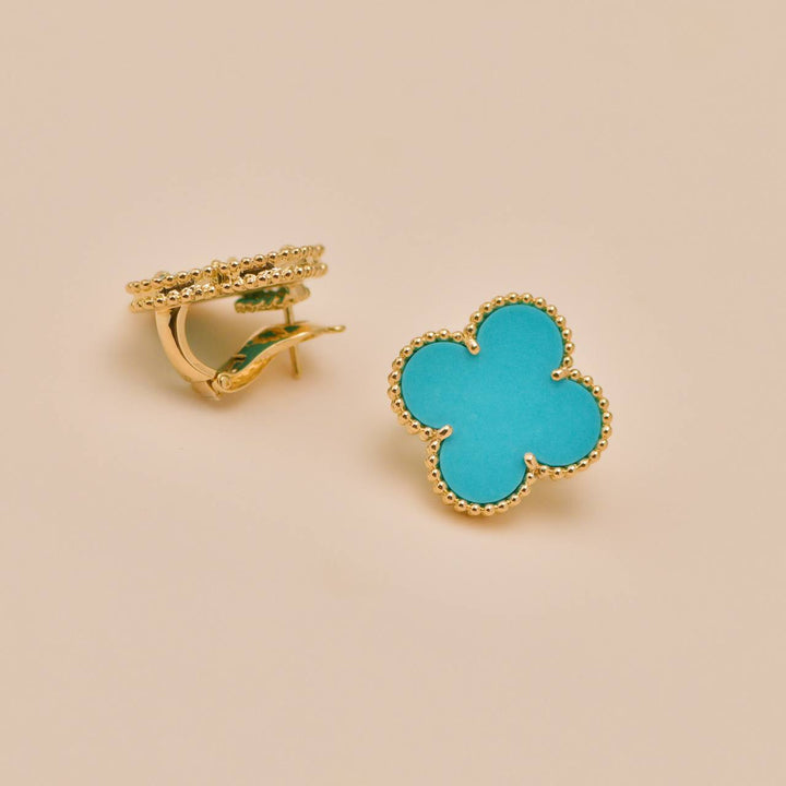 Preloved Authentic Van Cleef Magic Alhambra Turquoise Earrings 18K Yellow Gold